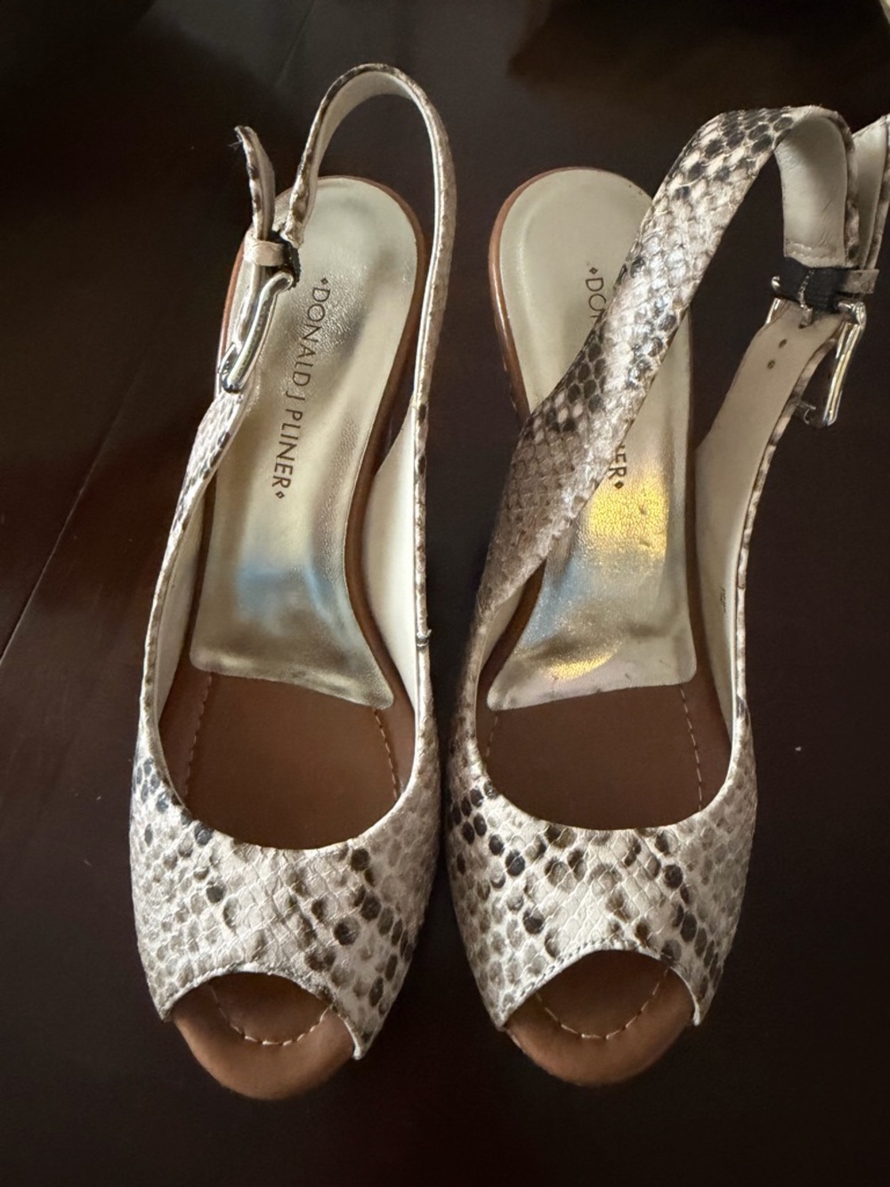 Donald J. Pliner Snake-Print Peep Toe Slingback Heels in Cream and Brown